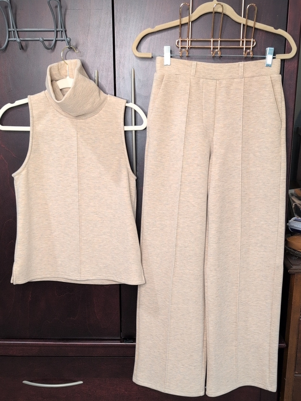 OGL Beige Wide-Leg Knit Pants with Matching Sleeveless Turtleneck Small